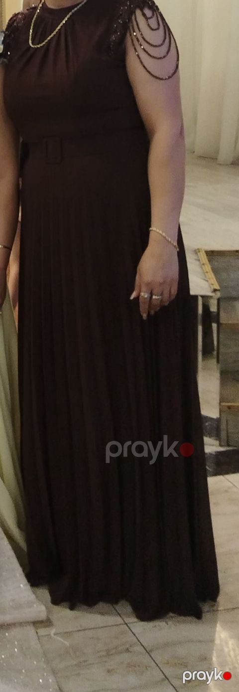 Qəhvəyi rəngli zərif ziyafət donu - Model: Uzun, yerə qədər, plisse — Goranboy
