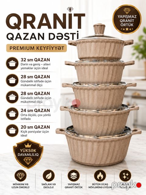 Yemək hazırlanması üçün qab-qacaq dəsti VC_2686833, qranit, krem, 20/24/28/32 sm, 4 əd — Bakı