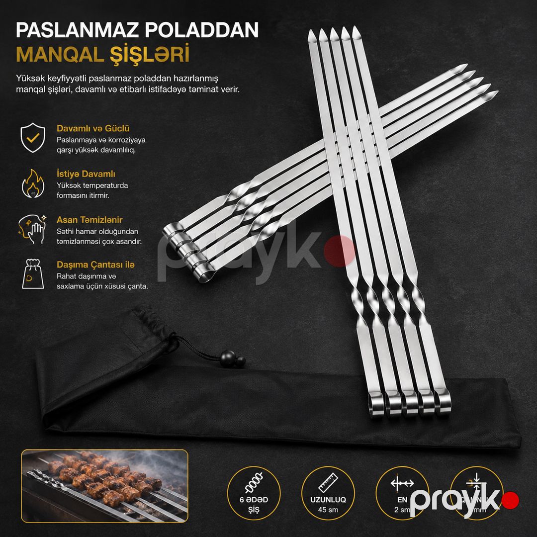 Şiş dəsti 7085, paslanmayan polad, 6 ədəd, 60 sm — Mallar, Bakı (2)