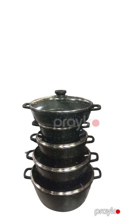 Qazanlar, qara qranit naxışlı dəst, metal kənar və qısa tutacaqlarla, qara və ağ naxışlı, ölçülər: qazanlar - 32 sm, 28 sm, 24 sm, 20 sm; tava - 28 sm - SH-2185 — Bakı