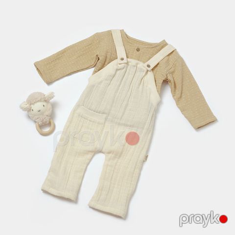Oğlanlar üçün 2 ədədli şalvarlı kombinezon dəsti BabyCosy CSYM7045, bej, pambıq, ölçü 9-12 ay — Bakı