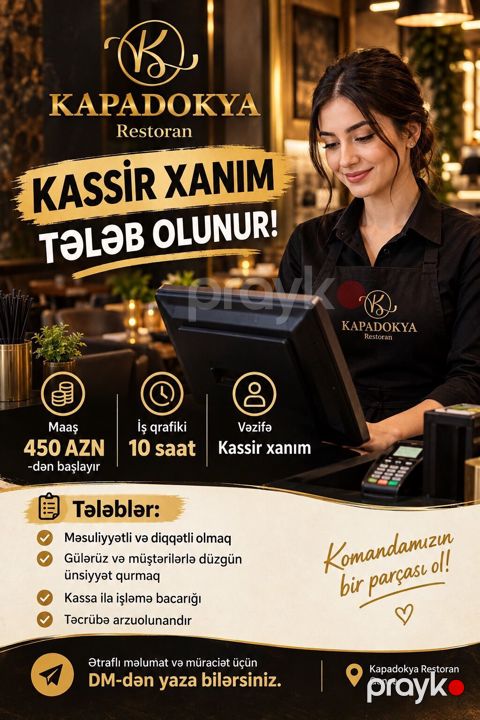 Kassir tələb olunur, Yalnız qadınlar üçün, İstənilən yaş, Ayda 2 dəfə ödəniş — Gəncə