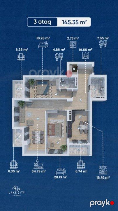 3 otaqlı mənzil, 145 m², Ziya Bünyadov prospekti, Bakı — Mənzil (8)