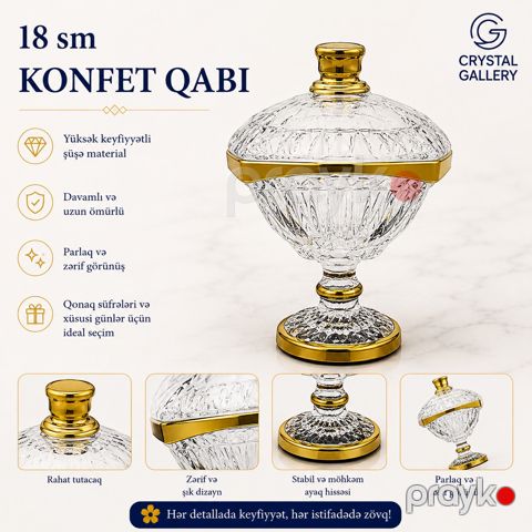 Konfet qabı Crystal Gallery, şüşə, qapaqlı, şəffaf — Bakı