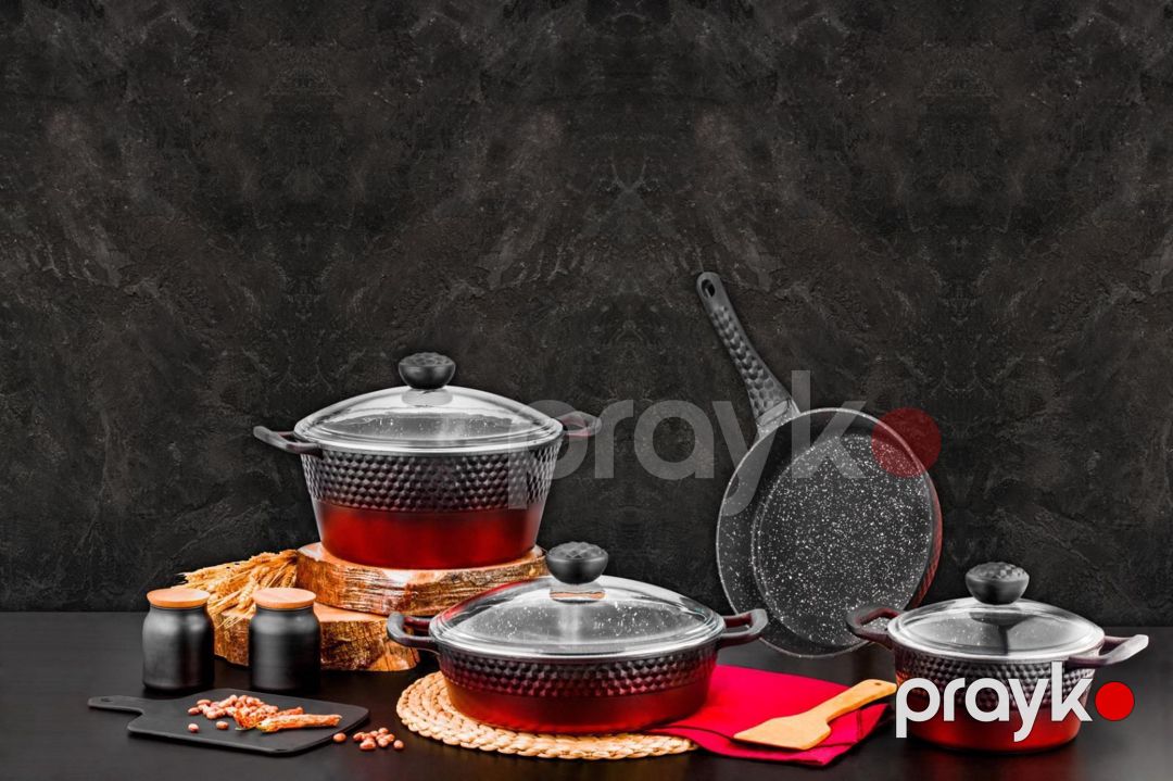 Qab-qacaq dəsti Ozlife Arya OZ000001_RB, 7 parça, 4.3 mm döküm qranit, qara/qırmızı, silikon kürəkcik hədiyyə - OZ000001_RB — Mallar, Bakı (2)