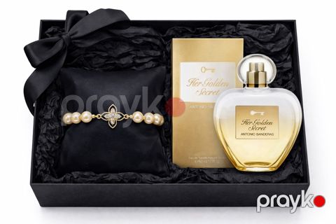 Qadən üçün dəst Antonio Banderas Her Golden Secret 80 ml və 585 əyyar 6 qızıl muncuqlarla qolbaq hədiyyə qu — Bakı