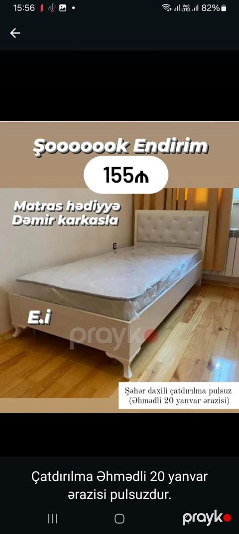 Tək nəfərlik çarpayı – 155₼ - Matras hədiyyə - Dəmir karkaslı möhkəm — Bakı