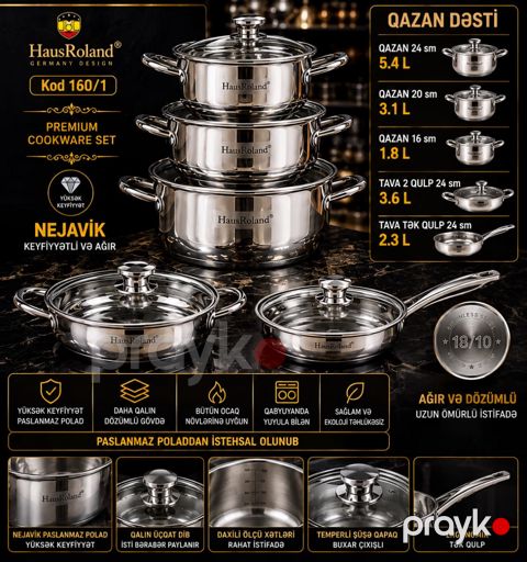 Yemək hazırlanması üçün qab-qacaq dəsti Haus Roland, paslanmayan polad, 10 parça — Bakı