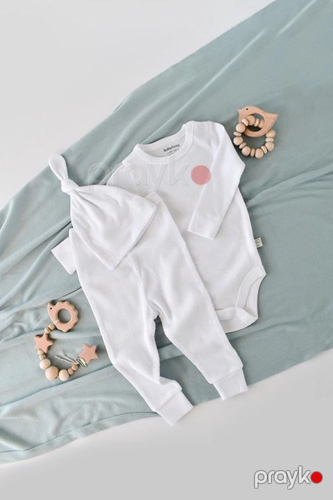 Oğlanlar üçün şalvarlı pijama dəsti BabyCosy CSYM22511, ağ, pambıq, ölçü 3-6 ay — Bakı