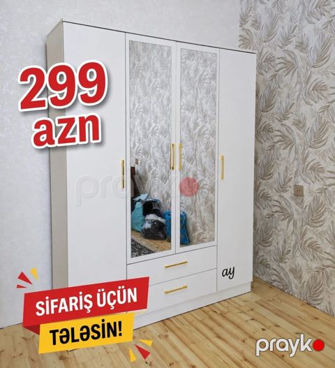 Yeni, 3 qapılı, Güzgülü, Ağ, Açılan, Düz dolab — Digah