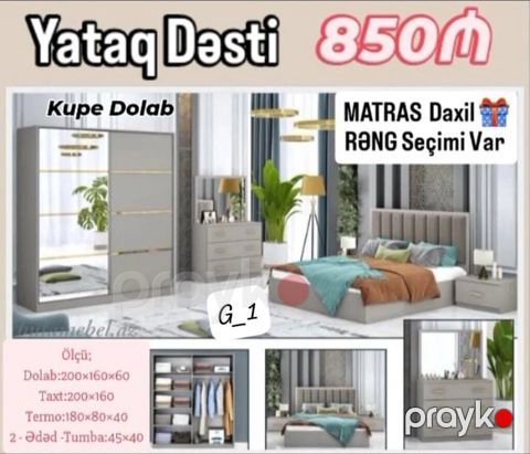 Yataq Dəsti – 850₼ Komplekt: - Kupe dolab (güzgülü sürgülü qapı) — Bakı