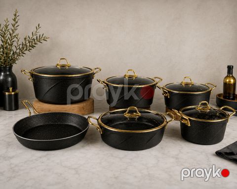 Yemək bişirmək üçün qab-qacaq dəsti Eviz+ Maria 4196005_RB, qranit, qara/qızılı, 11 parça — Bakı