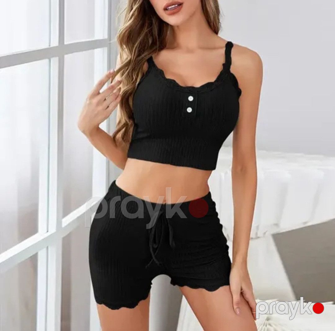 Qadınlar üçün şortlu pijama dəsti 0990, qara, elastan/poliester, ölçü XL — Mallar, Bakı (2)