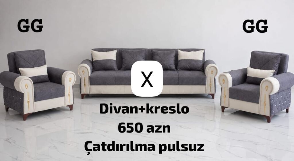 Divan + kreslo dəsti - Komplekt: 1 ədəd üçnəfərlik divan və 2 ədəd — Yumşaq mobilya dəstləri, Bakı