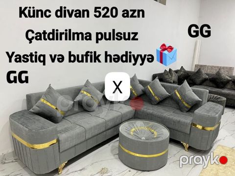 Künc divan dəsti – zərif boz rəng, qızılı dekor zolaqları və metal — Bakı