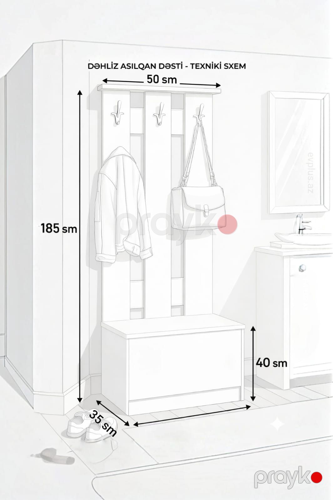 Döşəməüstü asılqan 13900487, LDSP/laminat, ağ, 50x185x35 sm — Mallar, Bakı (2)
