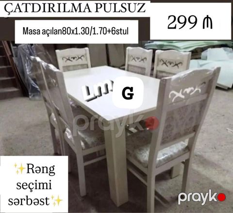 Yemək otağı dəsti - Açılan masa: ölçü 80 x 130 sm, açıldıqda 170 sm-ə — Bakı