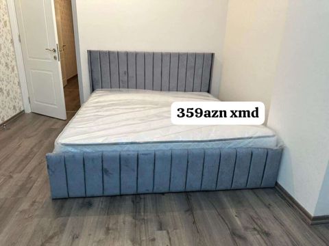 Məhsul: Yumşaq başlıqlı iki nəfərlik çarpayı + döşək - Rəng: Açıq boz — Çarpayılar