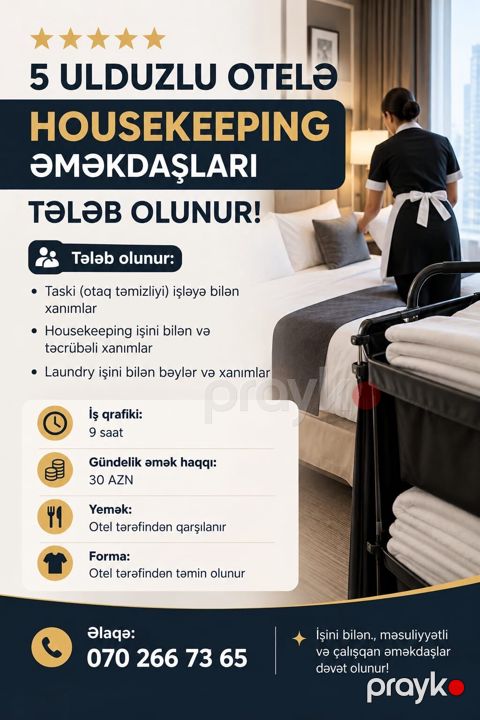 Xadimə tələb olunur, Gündəlik ödəniş, İstənilən yaş, 1-2 illik təcrübə — Bakı