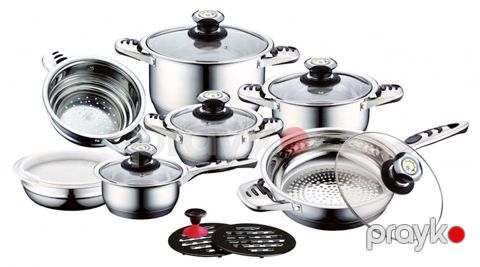 Qazan dəsti CS Kochsysteme Aurich, 1.6/1.6/3.1/6.3/2.9 L, qapaqla, gümüşü, 16 əşya — Bakı