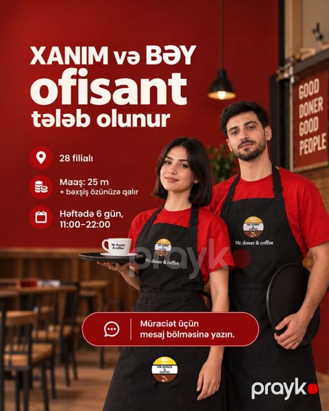 Ofisiant tələb olunur, Fast food, Gündəlik ödəniş, İstənilən yaş, 1-2 illik təcrübə — Bakı