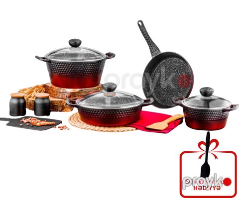 Qab-qacaq dəsti Ozlife Arya OZ000001_RB, 7 parça, 4.3 mm döküm qranit, qara/qırmızı, silikon kürəkcik hədiyyə - OZ000001_RB — Bakı
