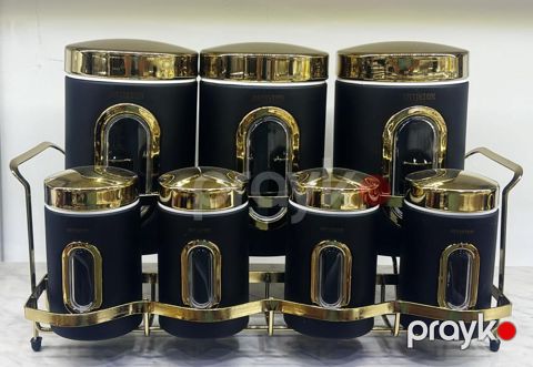 Ədviyyat qabları dəsti vm1391, metal stend ilə, yumru, 7 əd, qara — Bakı