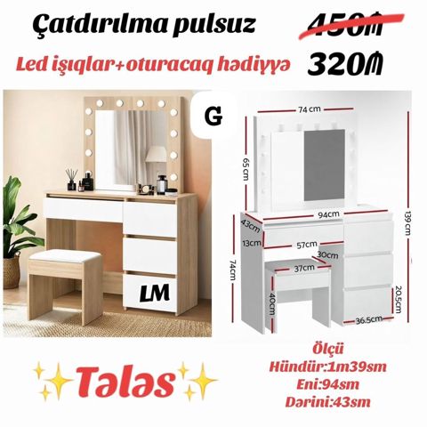 Vizaj stoləsi – LED işıqlı güzgü və oturacaqla - Model: G - Komplekt — Masalar