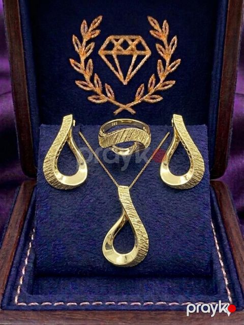 Zinət dəsti boyunbağı, sırğa və üzük Teardrop 8001, qızıl 585 əyar — Bakı