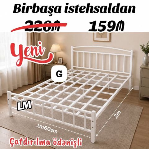 Ağ rəngdə metal çarpayı karkası - Birbaşa istehsaldan - Ölçü: 160 sm — Кровати