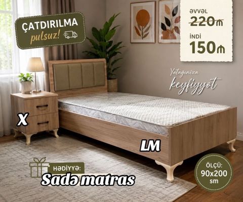 Məhsul: Tək nəfərlik taxta çarpayı (başlıqla) - Ölçü: 90x200 sm — Beds