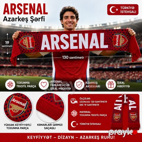 Şərf Arsenal azərkeşləri üçün, parça, qırmızı, 130×19 sm — Bakı