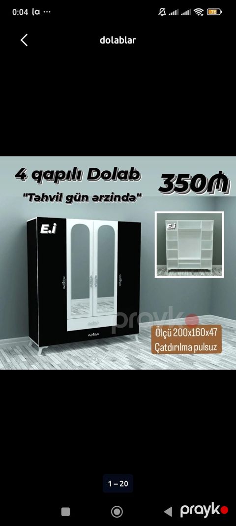 4 qapılı geyim dolabı - Rəng: qara-ağ kombinasiyası, ön hissədə iki — Bakı