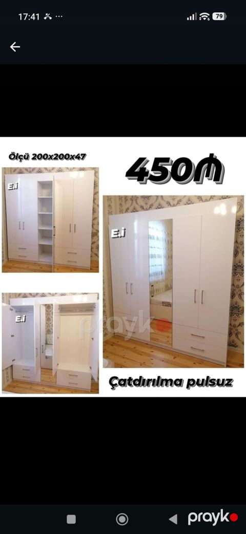 Ağ rəngli 4 qapılı paltar şkafı Ölçü: 200 x 200 x 47 sm - Orta — Bakı