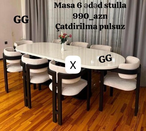 Yemək masası dəsti – 6 ədəd stulla - Komplekt: 1 böyük oval/uzunsov — Ucuz serfeli Mebel — Masalar və stullar