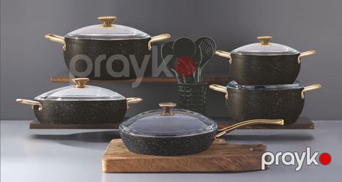 Qazan dəsti Bonera, 16 parça, qranit, induksion dabanlı, qara - ZTW-AB587 — Bakı