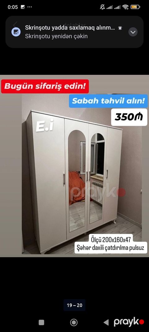 Üç qapılı paltar dolabı - Rəng: ağ - Ön qapılarda iki ədəd böyük — Bakı