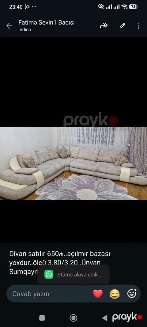 Divan satılır 650₼. açılmır bazası yoxdur. ölçü 3.80/3.20. Ünvan — Bakı