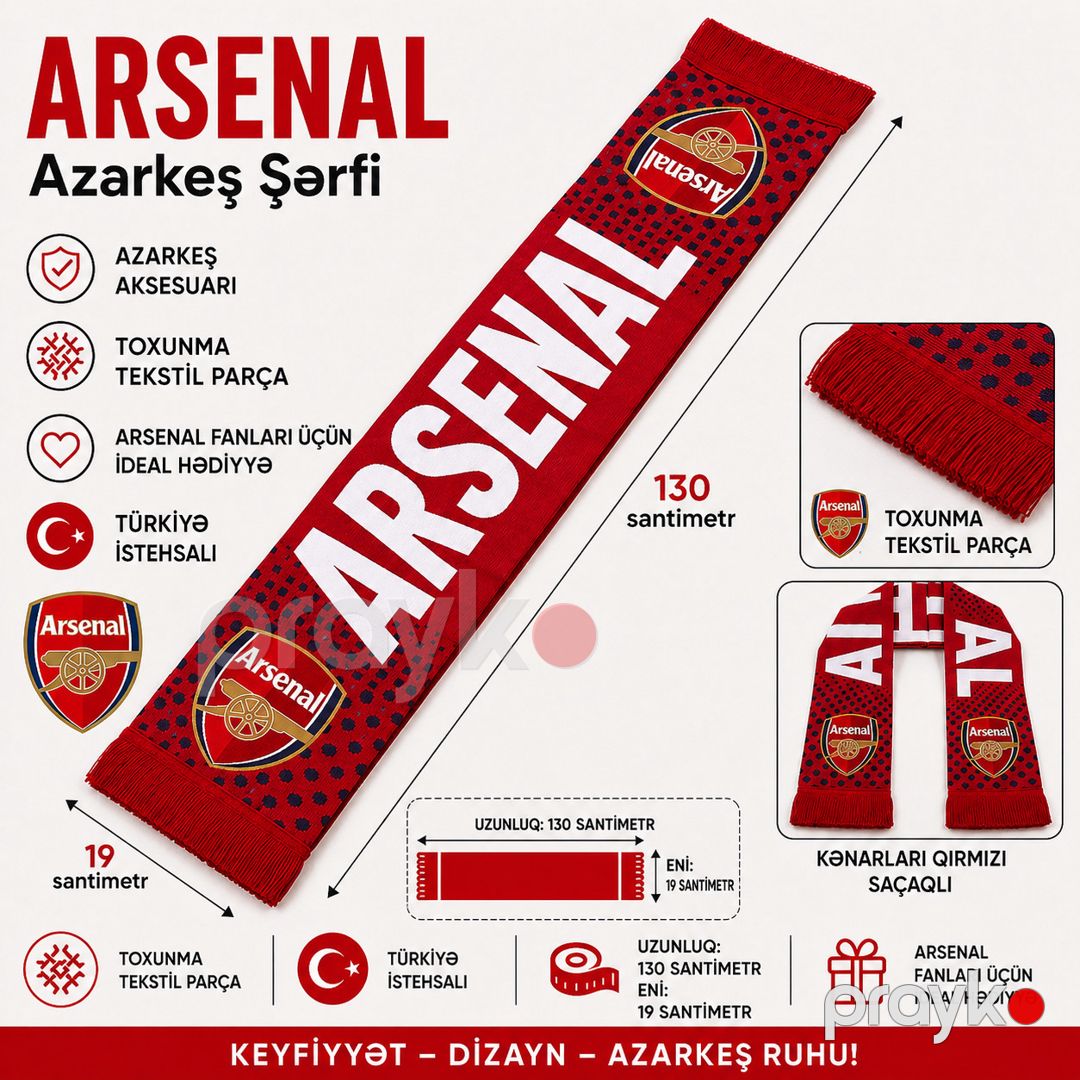 Şərf Arsenal azərkeşləri üçün, parça, qırmızı, 130×19 sm — Mallar, Bakı (2)