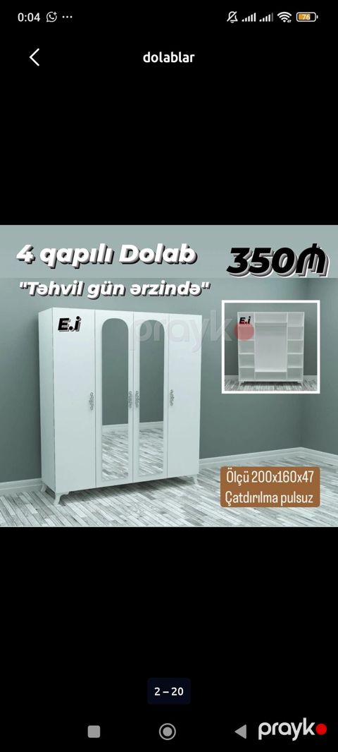 4 qapılı paltar dolabı - Rəng: ağ - Ön tərəfdə 2 ədəd tam boy güzgü — Bakı