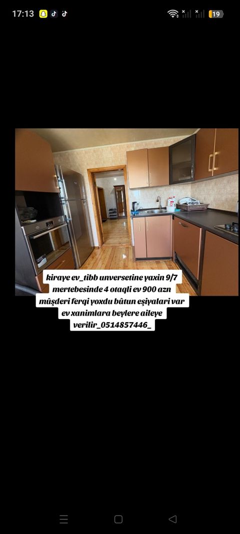 Kiraye ev_tibb unversetine yaxin 9/7 mertebesinde 4 otaqli ev 900 azn — həyat xanim — Apartment