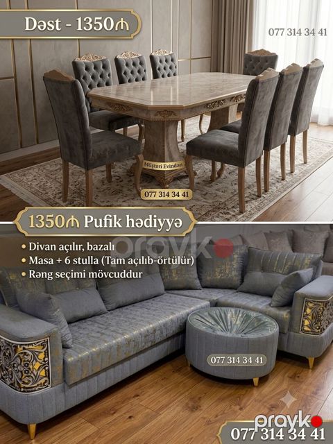 Klassik üslubda qonaq otağı dəsti Tərkib: - Yemək masası + 6 stul — Bakı