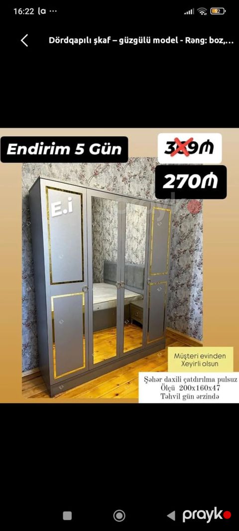 Dördqapılı şkaf – güzgülü model Rəng: boz, qızılı dekor xəttləri ilə — Bakı