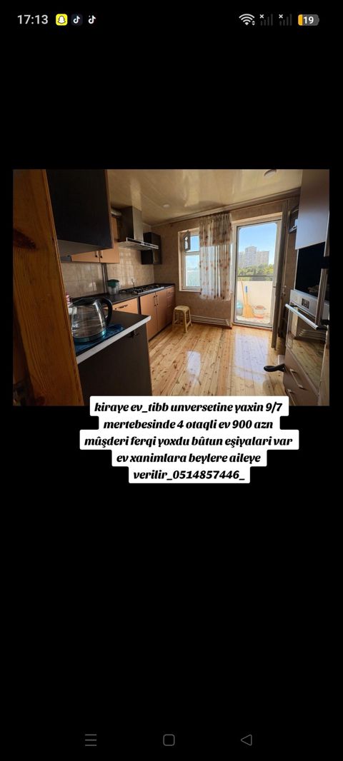 Kiraye ev_tibb unversetine yaxin 9/7 mertebesinde 4 otaqli ev 900 azn — həyat xanim — Apartment
