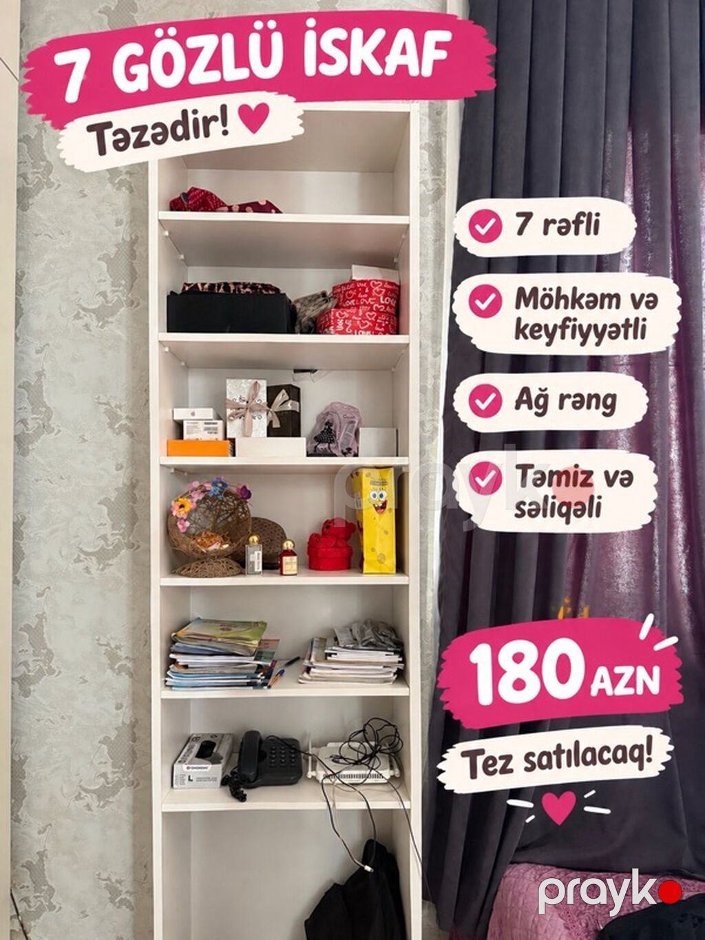7 gözlü ağ rəngdə kitab və əşya rəfi Xüsusiyyətlər: - 7 ədəd geniş — Rəflər, Bakı (2)