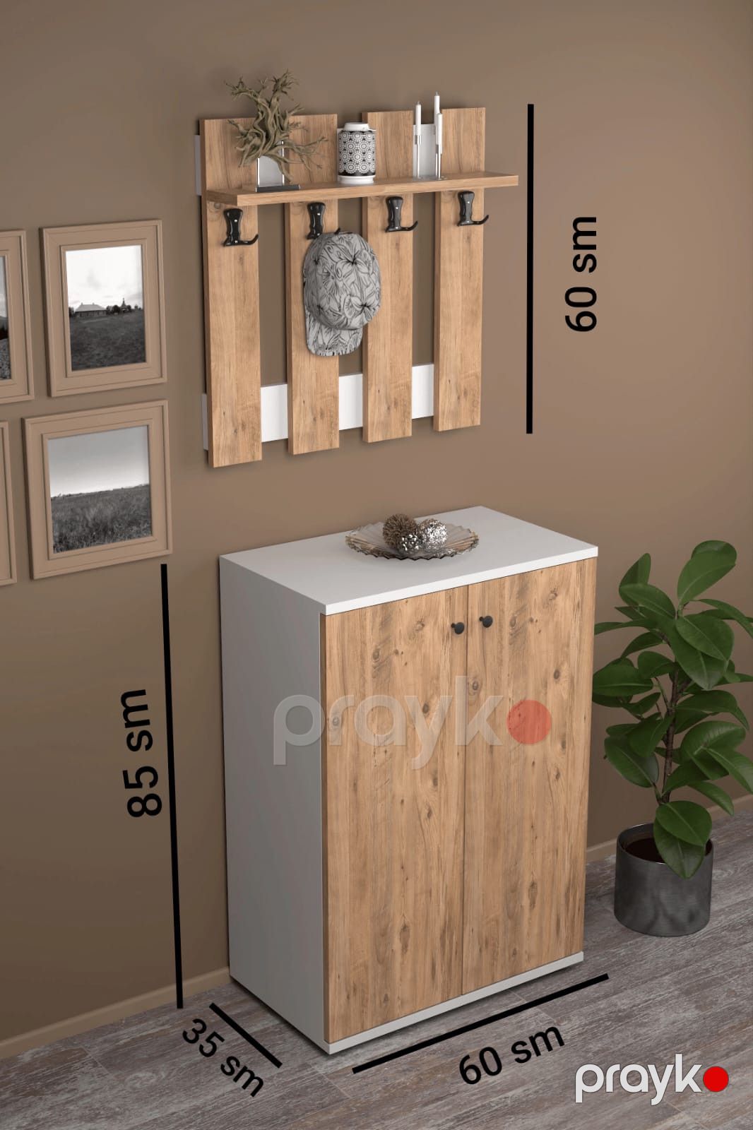 Şkaf və divar asılqanı ev_13900704, ağ/cəviz, laminat, 35x60x85 sm — Mallar, Bakı (3)