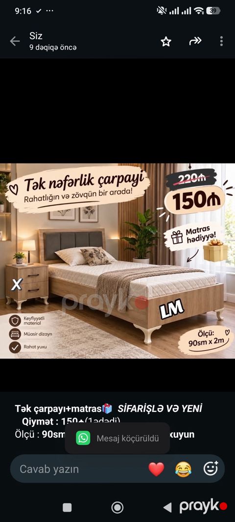 *Tək çarpayı+matras _*Sifarişlə VƏ Yeni*_ *Qiymət — Bakı