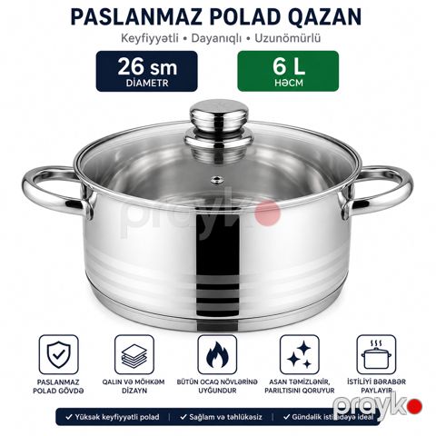 Qazan, paslanmayan polad, 6000 ml, 26 sm, gümüşü — Bakı