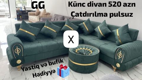 Künc divan – zümrüd-yaşıl rəng, klassik-qızılı dekor elementləri və — Ucuz serfeli Mebel — Sofas