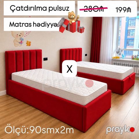 Uşaq/yeniyetmə çarpayısı – qırmızı rəngdə, yumşaq parça ilə üzlənmiş — Bakı